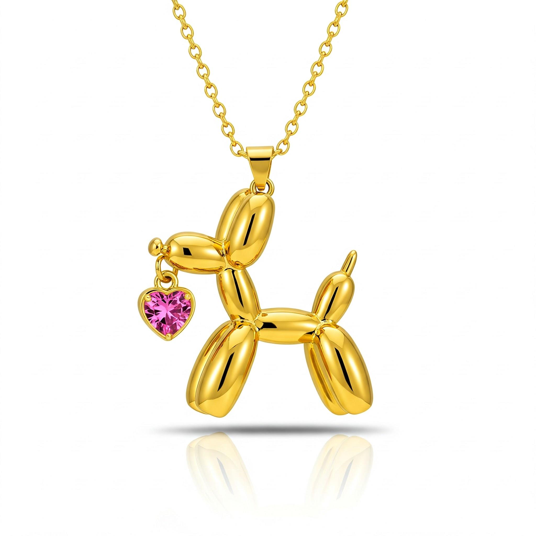 Stainless Steel Balloon Dog Pendant Necklace with Pink Cubic Zirconia Charms